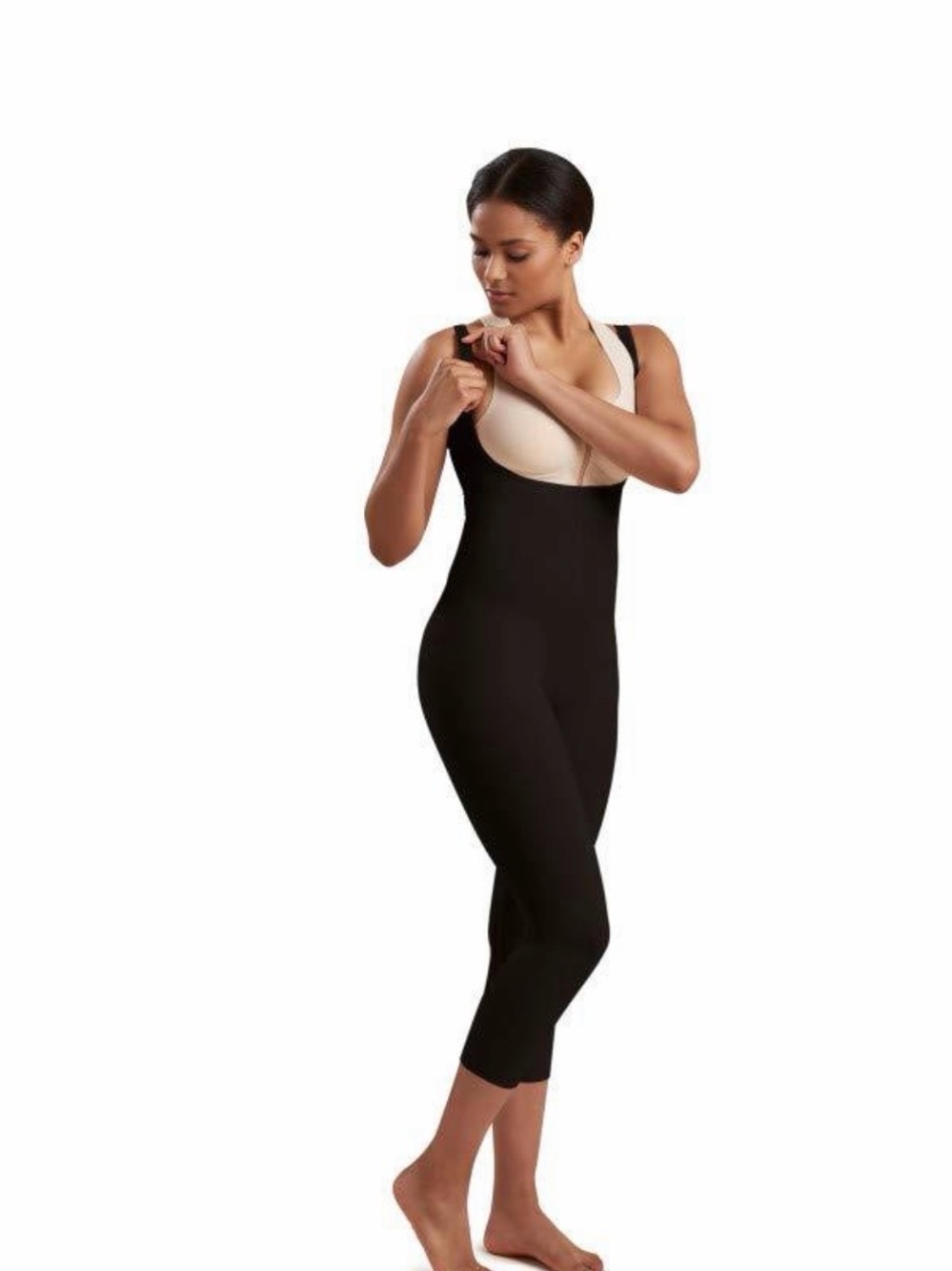Marena Recovery High-Compression Black Open-Bust Shaping Capri Bodysuit Sz M
